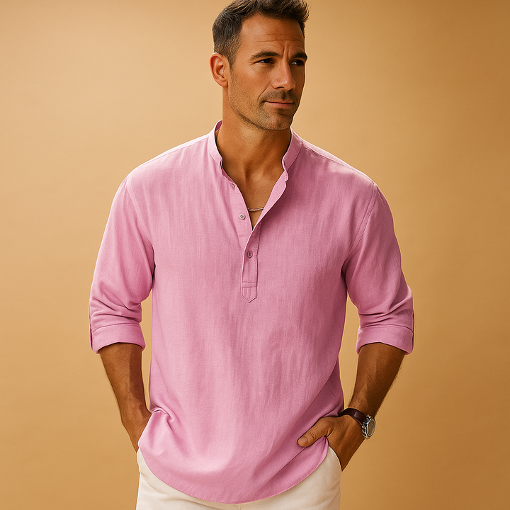 Lightweight men's V-neck long sleeve shirt. Breathable fabric for comfortable summer style & relaxed fit.
