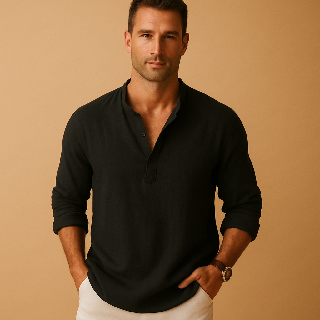 Relaxed fit men's V-neck long sleeve shirt. An everyday essential, comfortable & breathable for all-day wear.