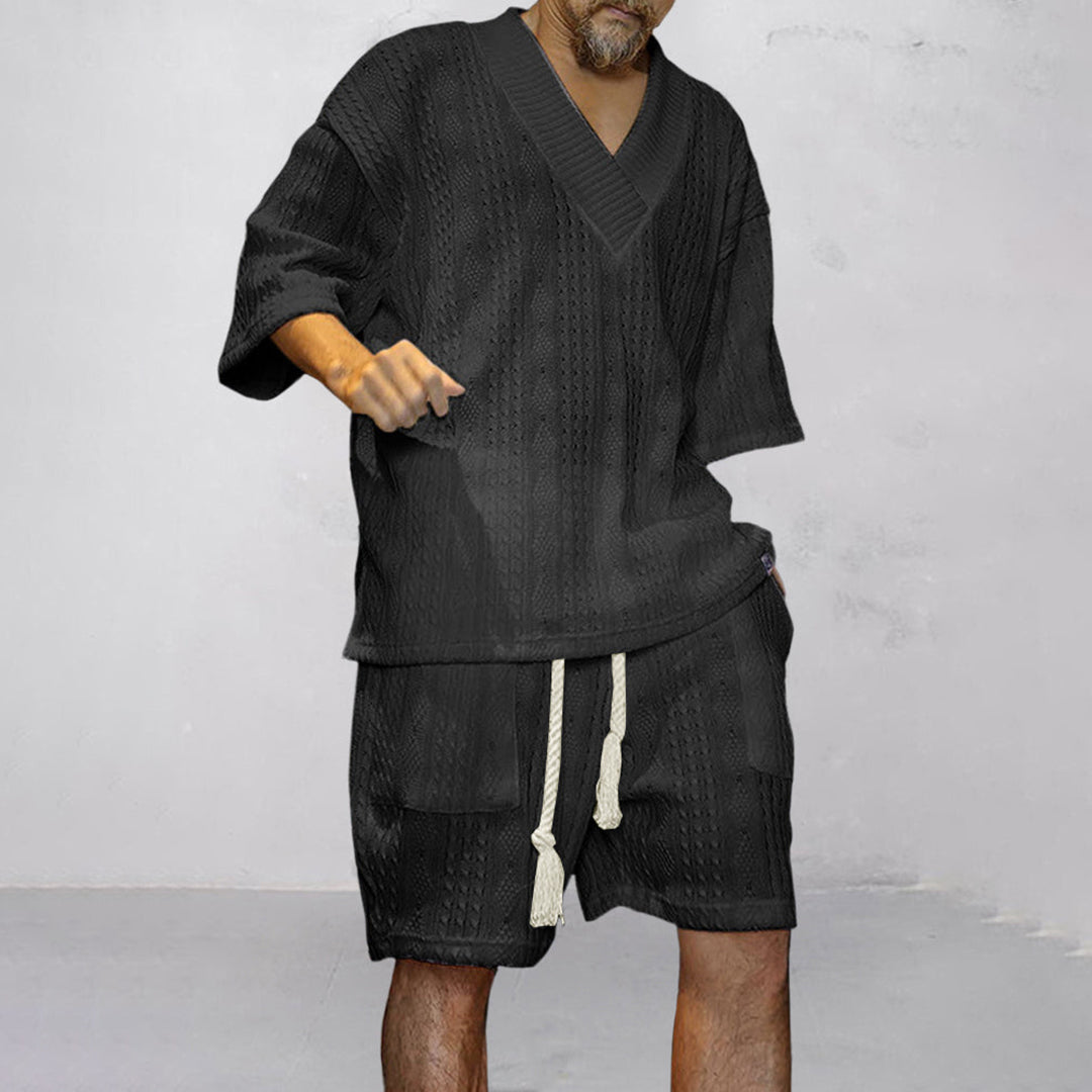 Men's comfortable lounge wear set: V-neck shirt and shorts. Relaxed fit, perfect for home & summer casual.