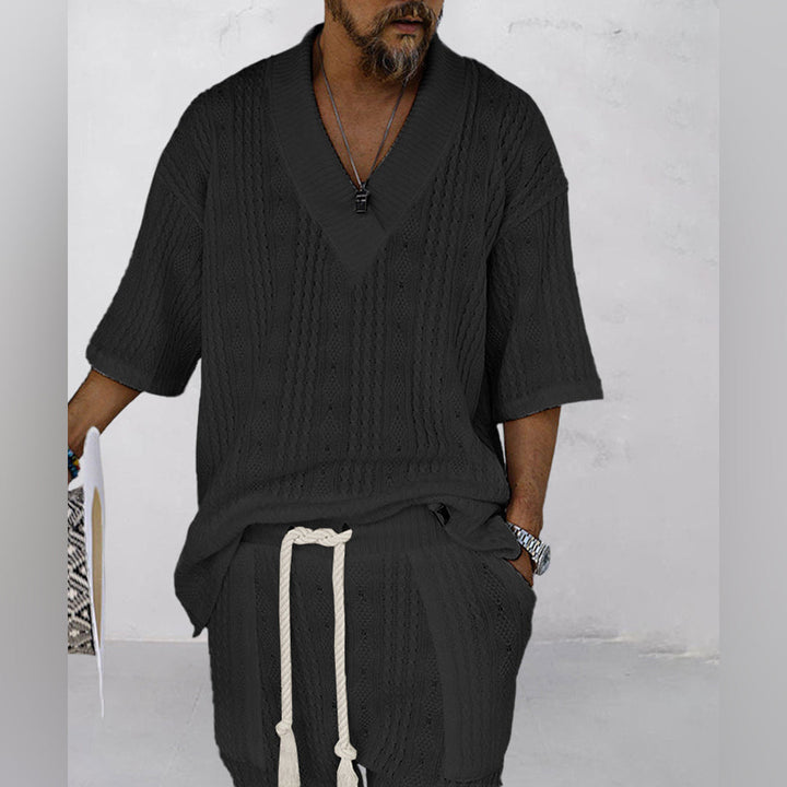 Men's fashion V-neck shirt & shorts set. Casual summer outfit, relaxed fit, pockets, comfortable two-piece.