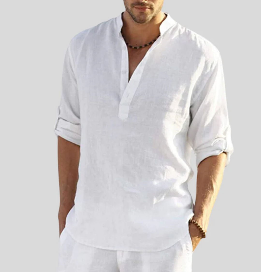 Comfortable men's V-neck top, featuring a button-up front and short sleeves for versatile casual fashion.
