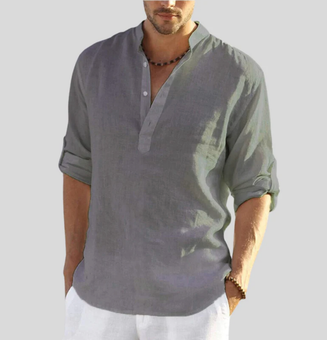 Versatile men's summer shirt, a casual V-neck short sleeve button-up design for warm weather comfort.