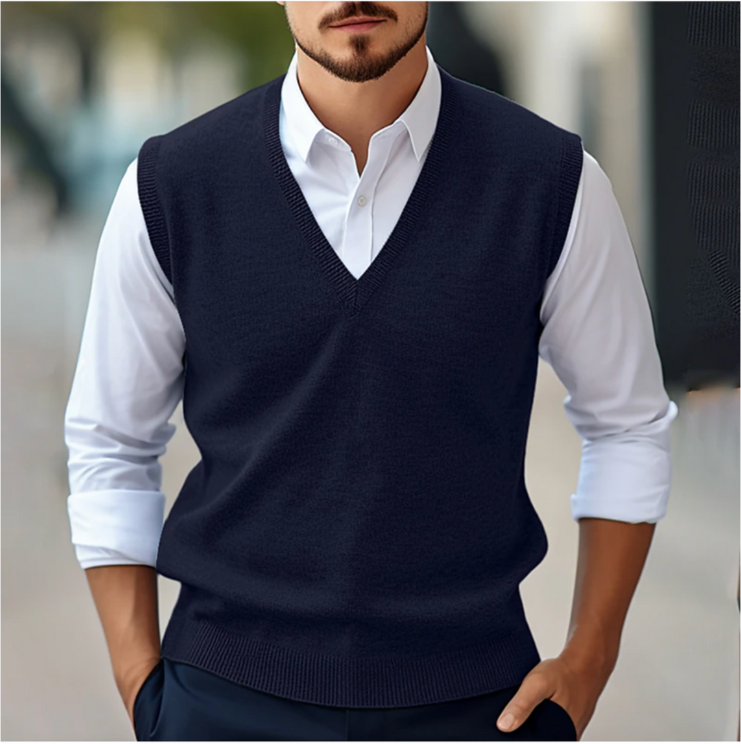 Stylish men's V-neck sweater vest, ideal for adding a smart casual touch to any outfit, great for all seasons.