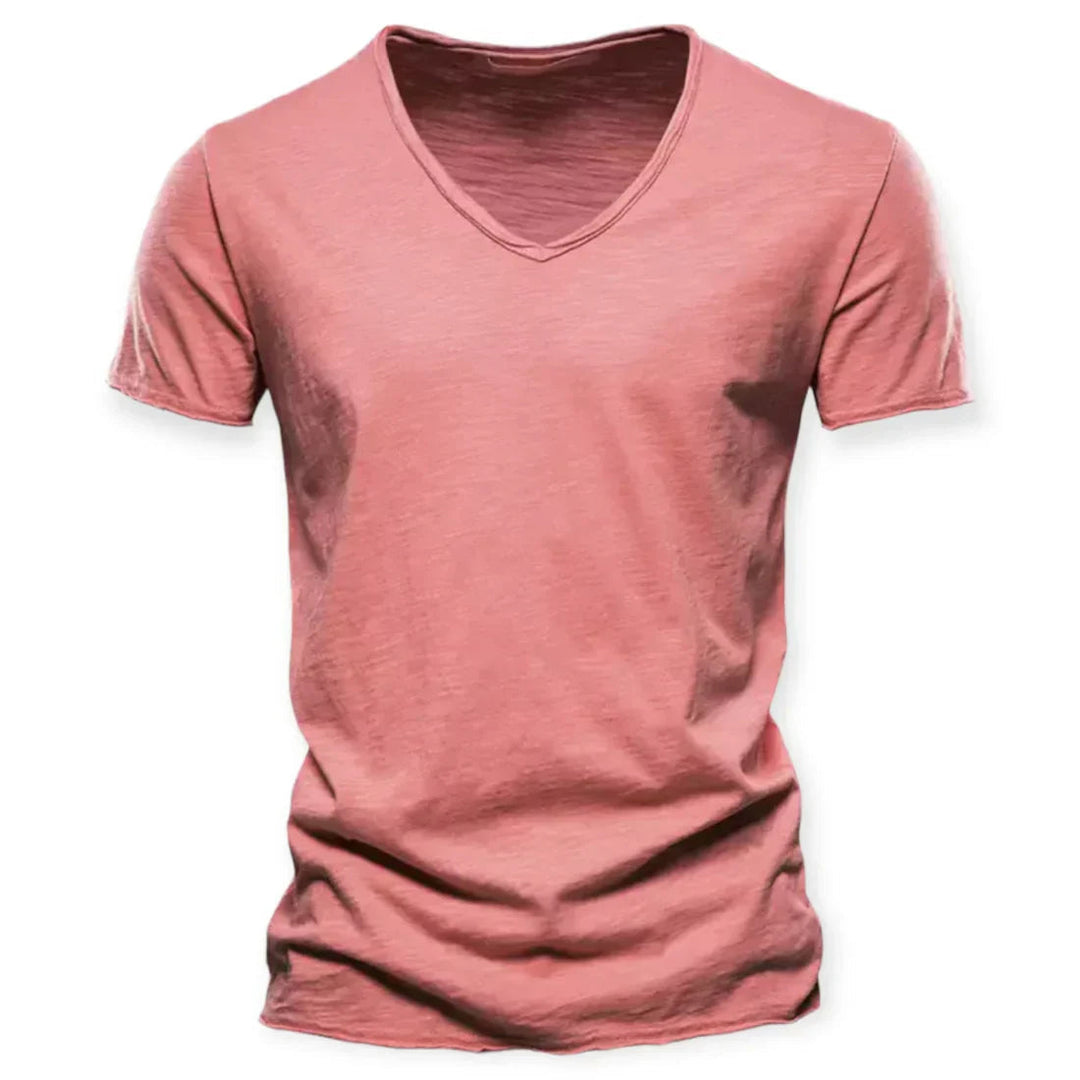 Man wearing a stylish V-neck t-shirt, a perfect relaxed fit casual top for versatile everyday fashion.