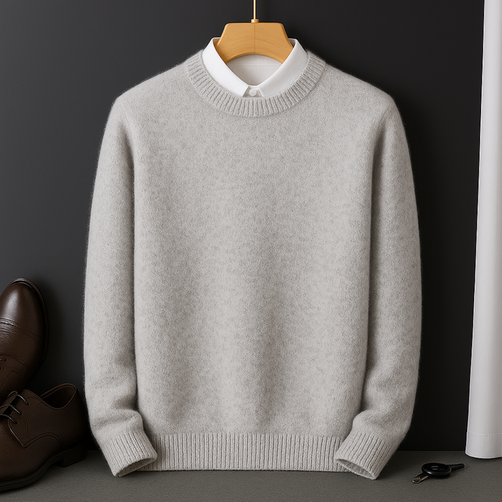 Close-up of Men's Valencia ultra-soft pullover sweater texture. Fine knit long sleeve for elegant casual style & warmth.