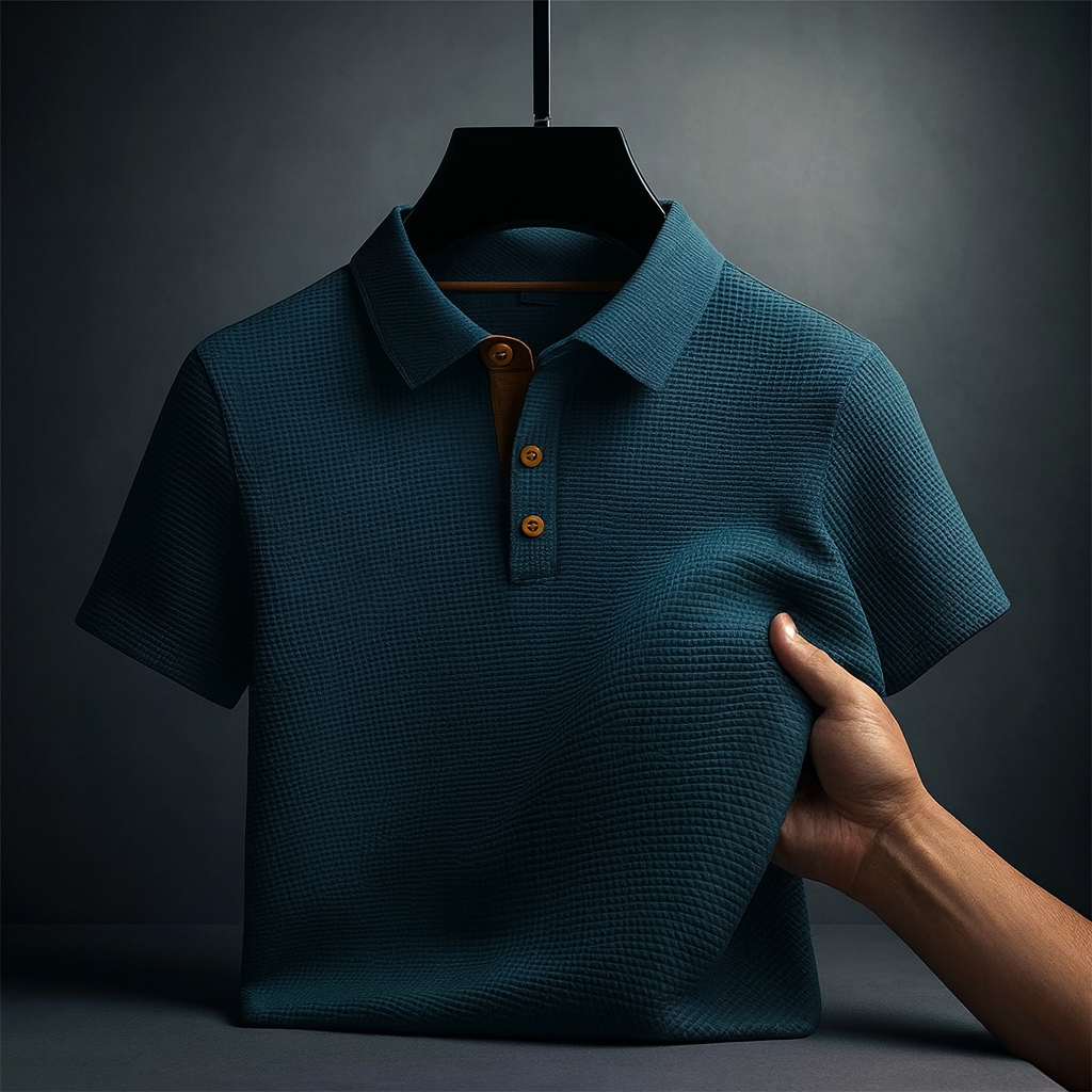 Men's stretch polo shirt with Verona Breeze cooling fabric, ideal for active summer days & comfort.