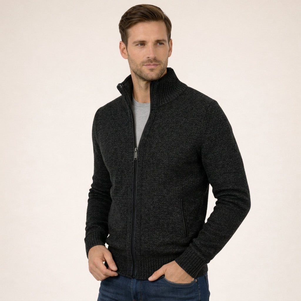 Stylish men's long sleeve full zip sweater, ideal for casual wear or as a sophisticated layering piece.