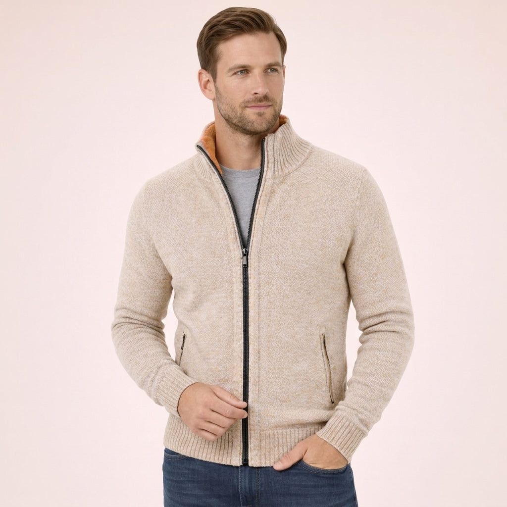 Dark blue men's full zip sweater, a comfortable and stylish long-sleeve top for various casual outfits.