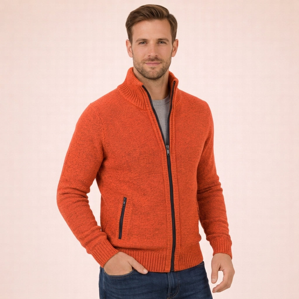 Modern men's full zip sweater in a neutral tone, great for layering and adding a touch of casual elegance.