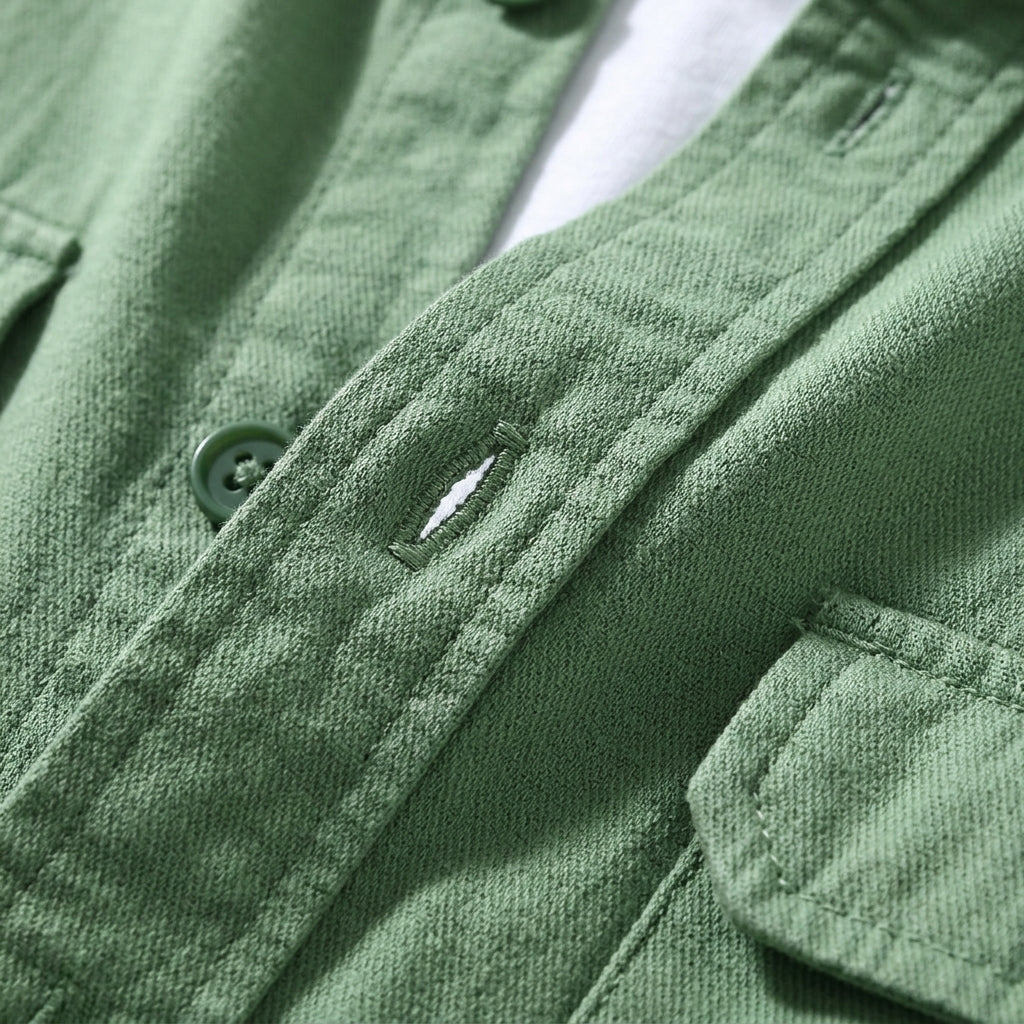 Men's tailored fit overshirt in a vibrant green, with button-up front & long sleeves. A sophisticated casual layering shirt.