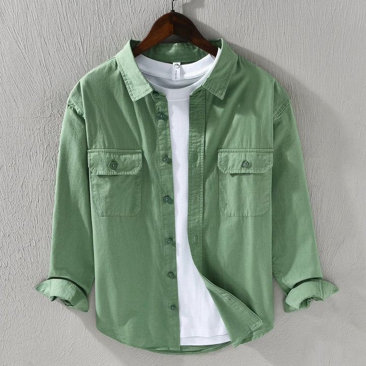 Men's versatile green overshirt, perfect for layering & everyday smart casual style.