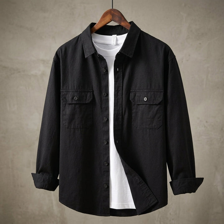 Black men's long sleeve overshirt, a versatile layering piece for casual & smart fashion.