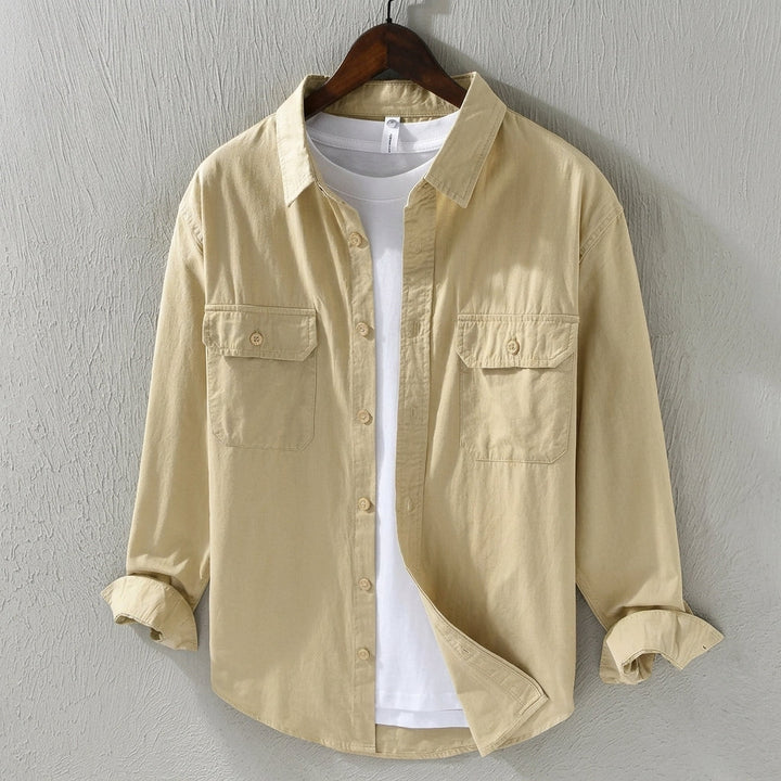 Cream men's everyday overshirt, a stylish and versatile long sleeve top for various outfits.