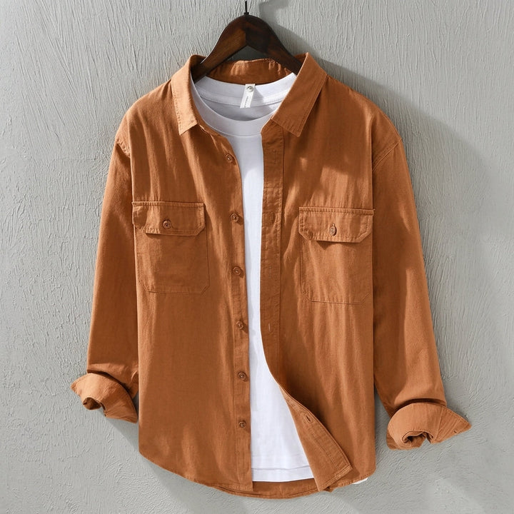Orange men's casual overshirt, a fashionable long sleeve layering piece for versatile everyday wear.