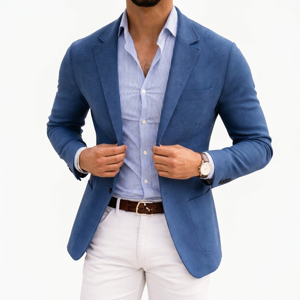 Men's versatile knit blazer, tailored fit for smart casual and everyday elegance.