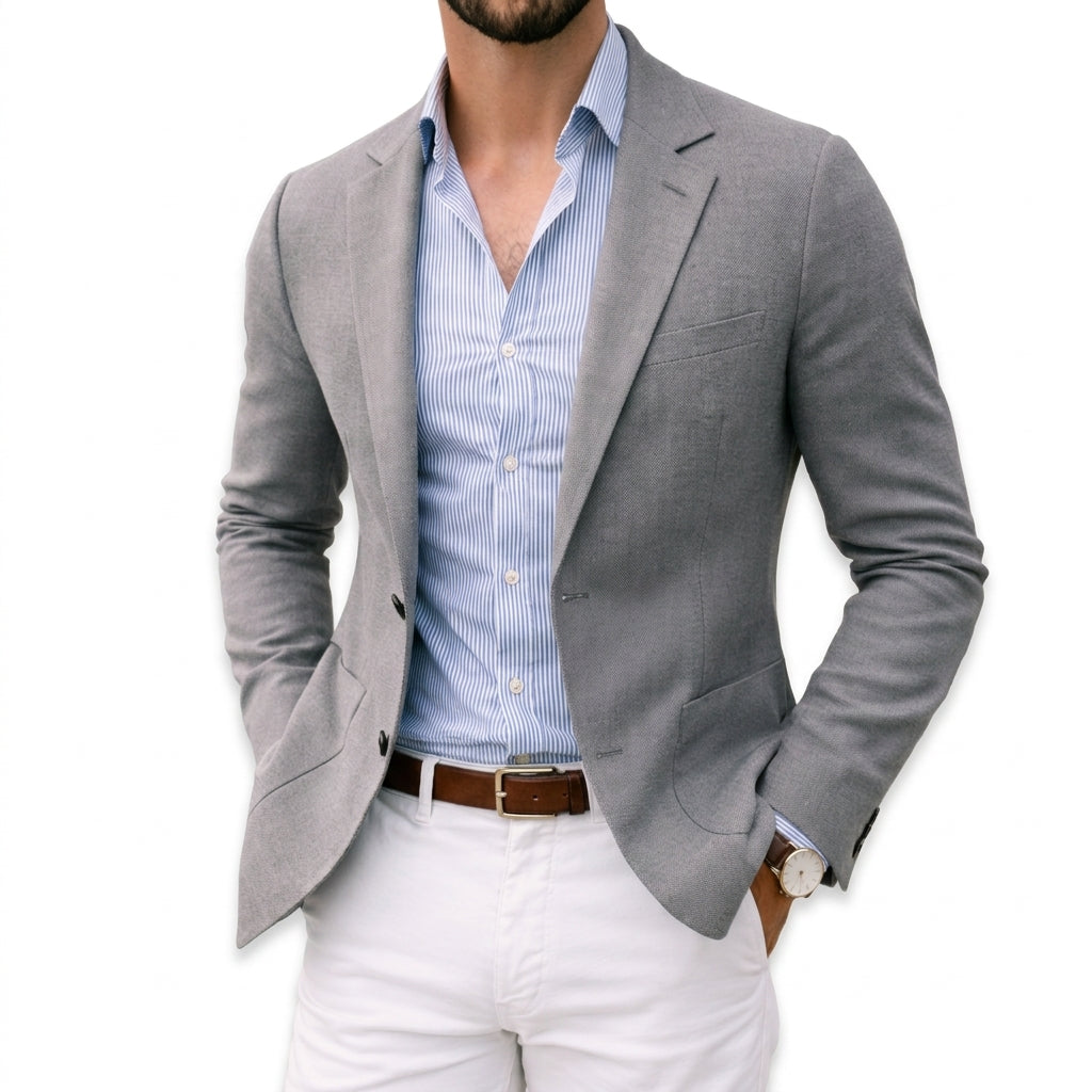 Comfortable men's knit blazer, a perfect layering piece for effortless style and men's fashion.