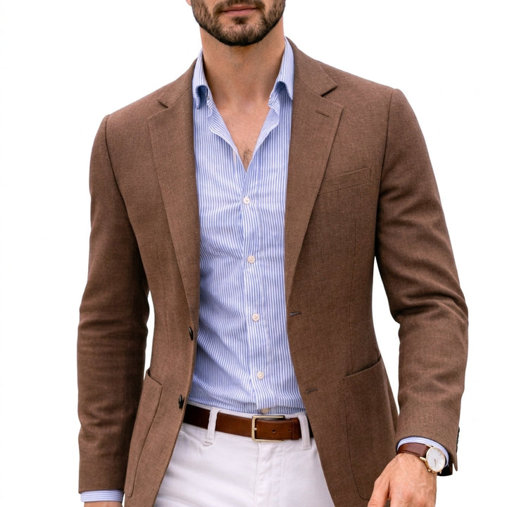 Stylish men's knit blazer on a model, showcasing tailored fit, smart casual look & everyday elegance.