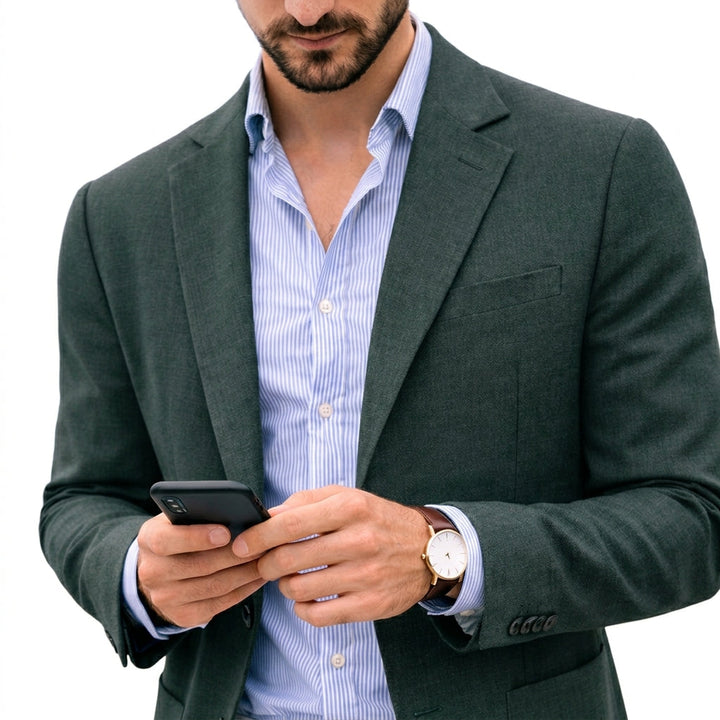 Detailed view of a men's knit blazer texture, emphasizing classic style and quality for modern men.