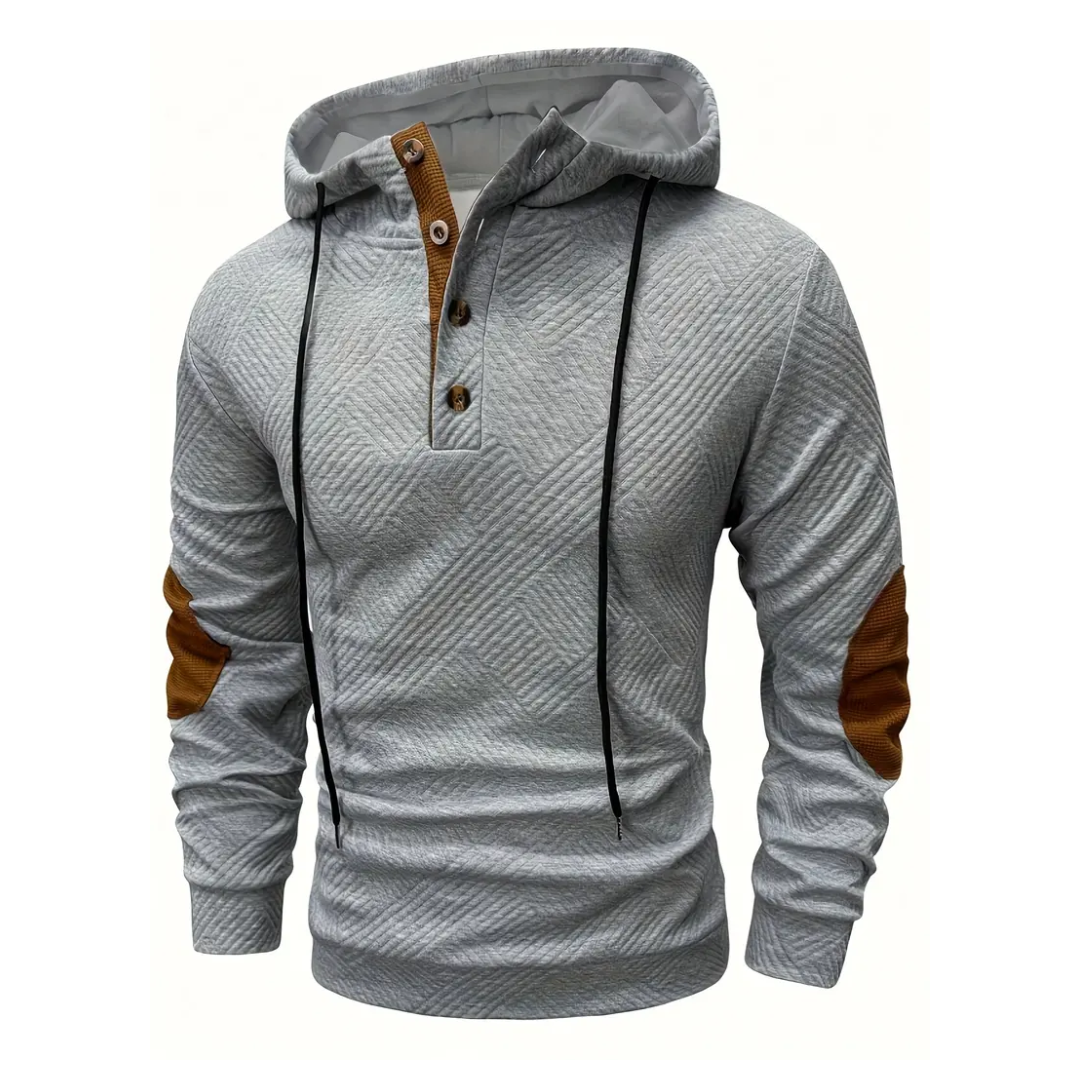 Men's versatile outdoor hoodie jacket with comfort stretch fabric & stylish button placket.