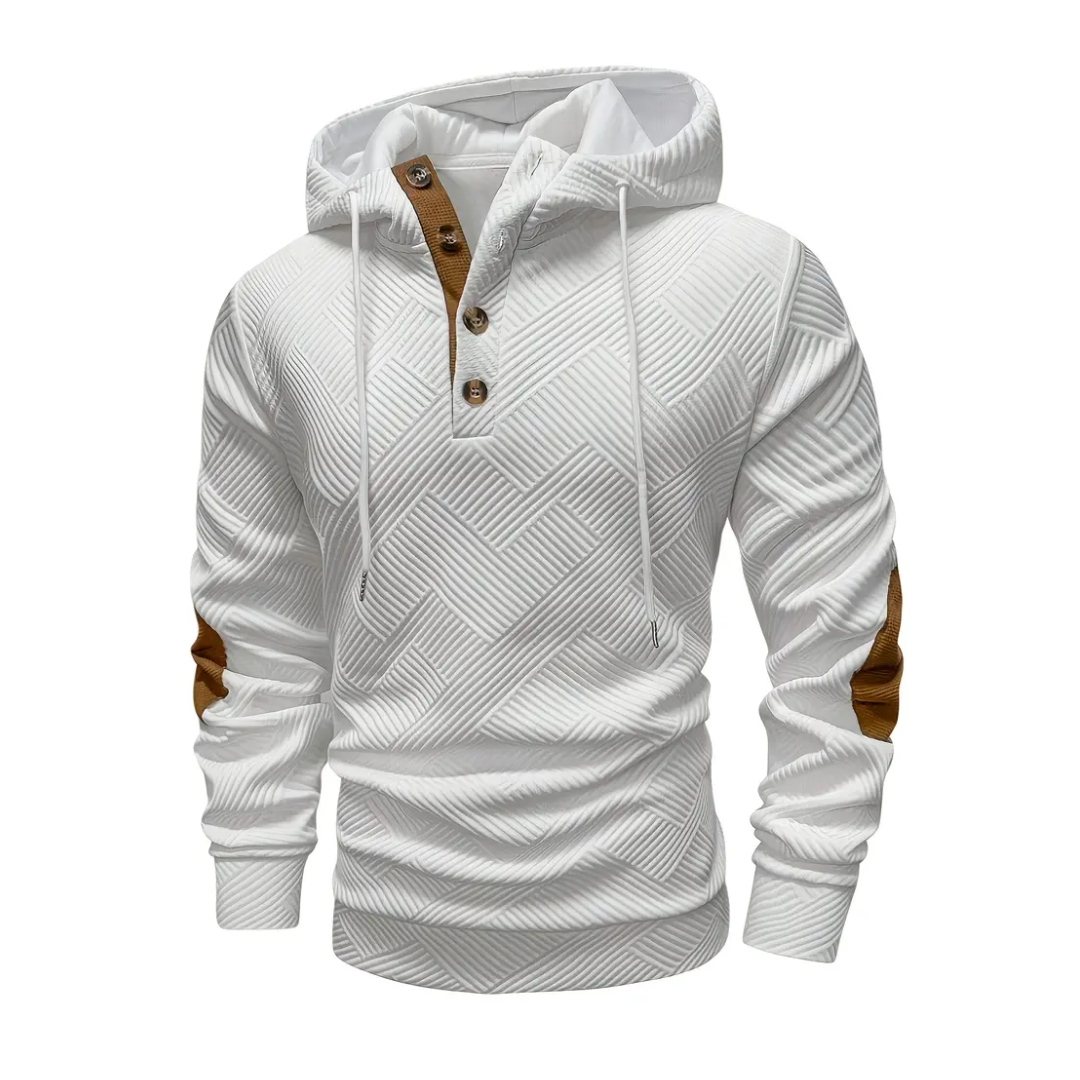 Men's casual spring/fall hoodie jacket with comfort stretch & modern button placket detail.