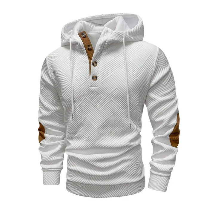 Men's casual spring/fall hoodie jacket with comfort stretch & modern button placket detail.