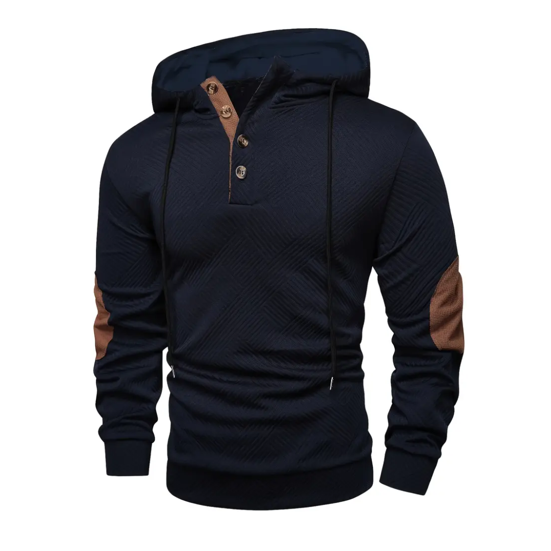 Close-up of men's outdoor hoodie button placket, highlighting comfort stretch and quality fabric.