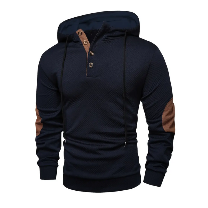 Close-up of men's outdoor hoodie button placket, highlighting comfort stretch and quality fabric.