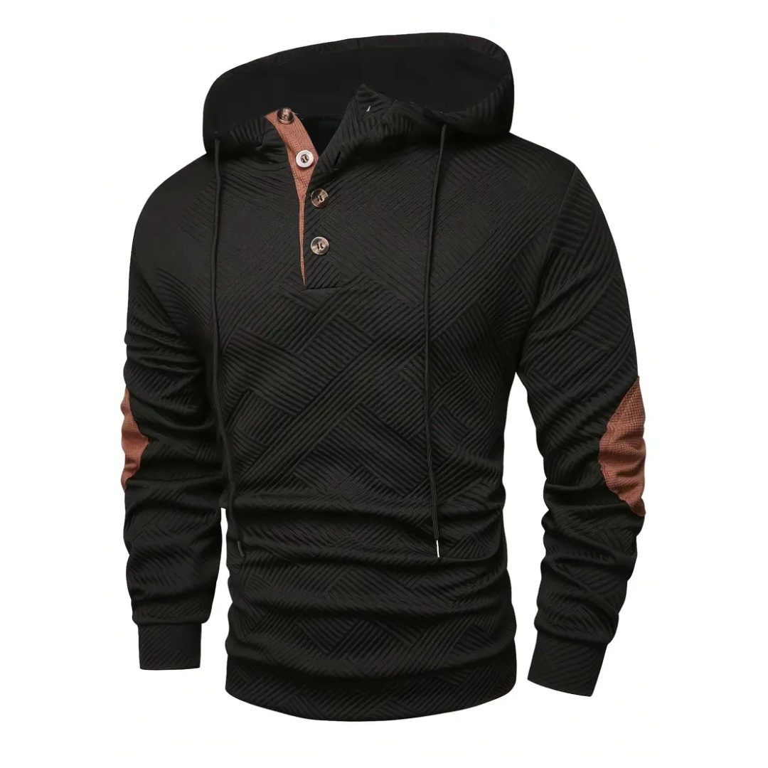 Comfortable men's stretch outdoor hoodie with button placket, ideal for everyday casual & active wear.