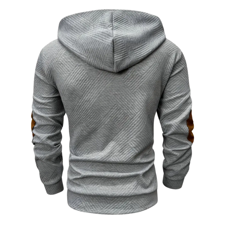 Back view of men's comfort stretch outdoor hoodie, perfect for sporty fall & spring outdoor activities.