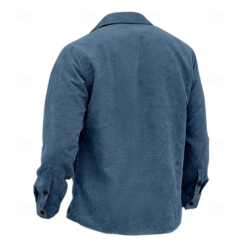 Close-up of men's vintage Henri jacket showing quality fabric & classic button-up front detail.