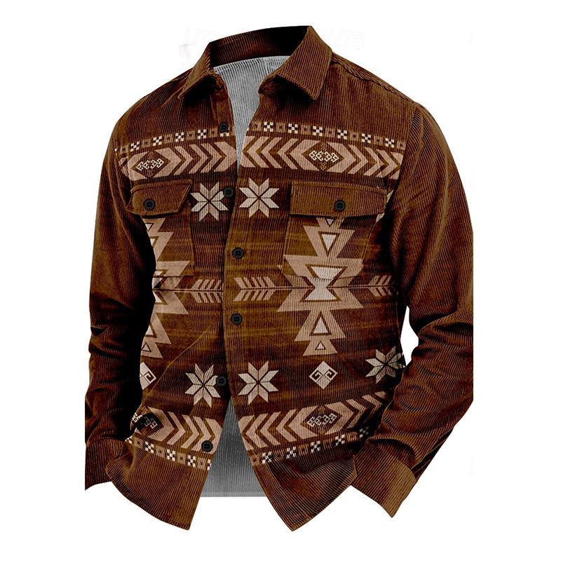 Man wearing a versatile men's vintage Henri button-up jacket, ideal for casual autumn outfits.