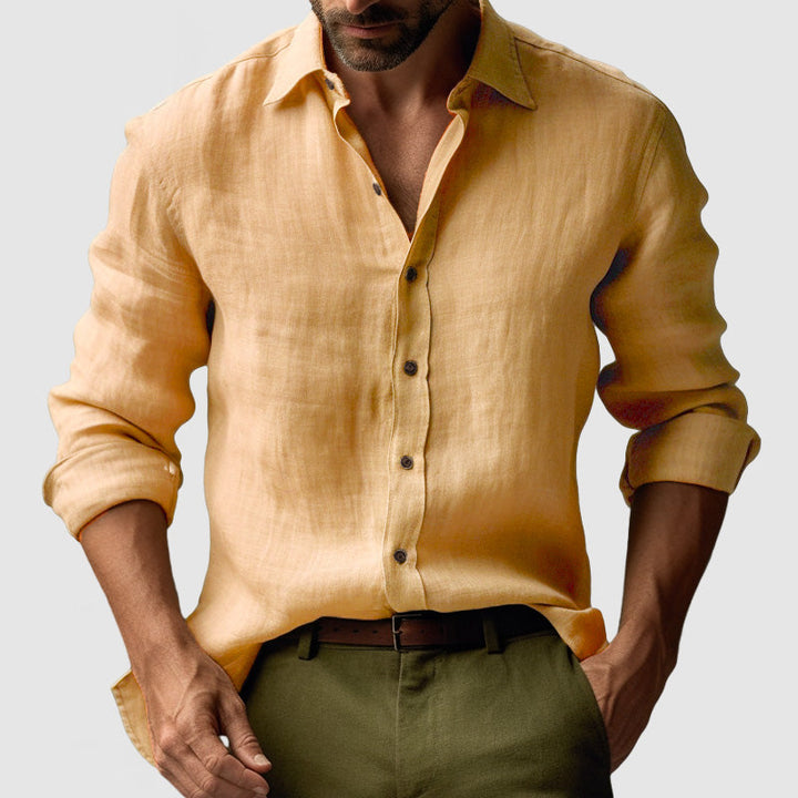 Classic vintage style men's button-up long sleeve shirt. Refined smart-casual look for spring/summer.