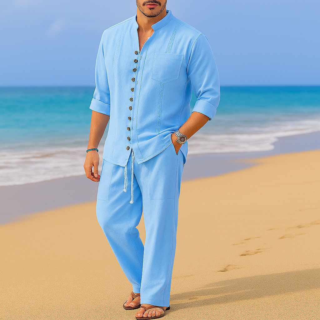 Men's vintage collarless pullover shirt in a relaxed fit, ideal for casual spring & autumn wear.