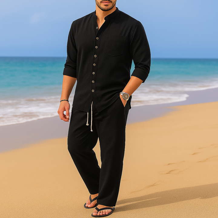 Stylish men's vintage collarless pullover shirt. A versatile long sleeve casual top for men's fashion.