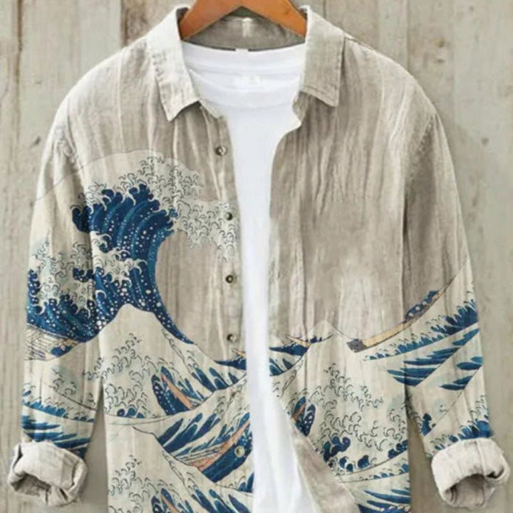 Men's vintage Japanese art print short sleeve shirt, relaxed fit, ideal for summer fashion.