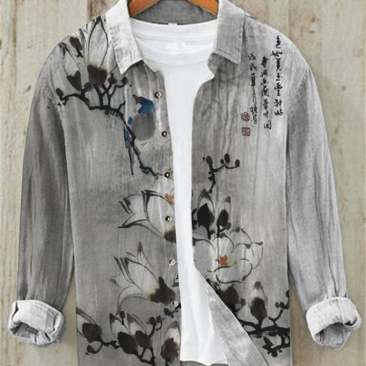 Unique men's summer shirt with elegant vintage Japanese art print, comfortable design.