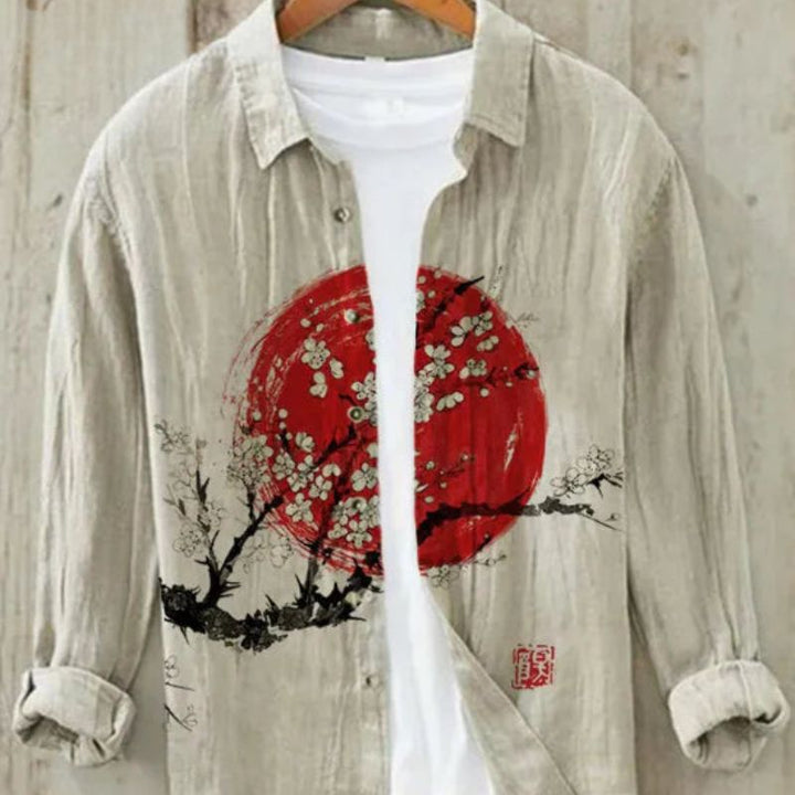 Casual men's summer shirt with unique cultural Japanese art print. Elegant and stylish.