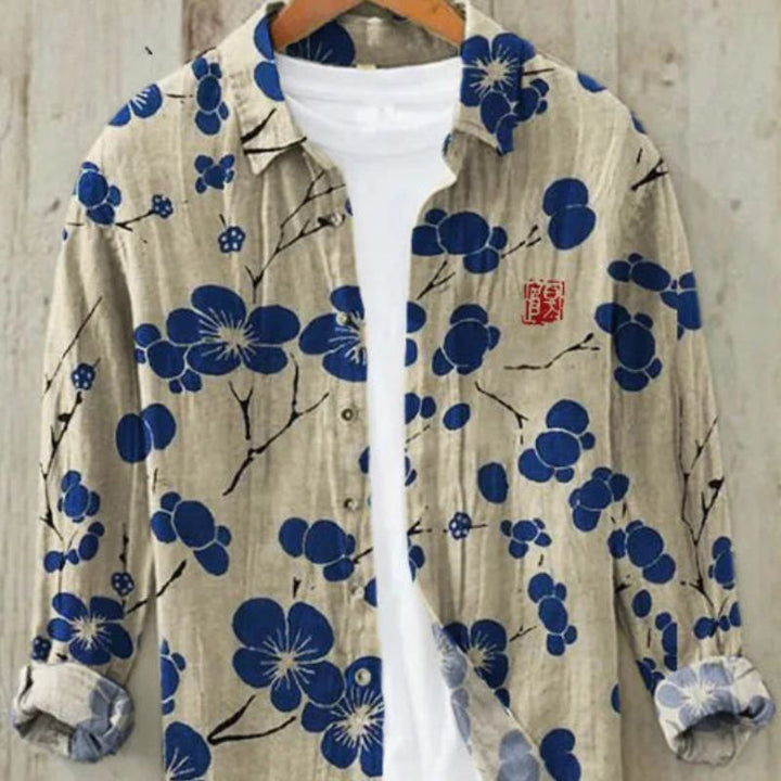 Relaxed fit men's printed shirt featuring vintage Japanese art, perfect for summer.