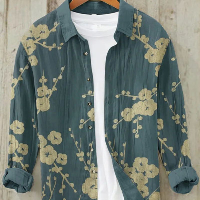 Short sleeve men's shirt with a unique cultural Japanese art print, summer casual style.