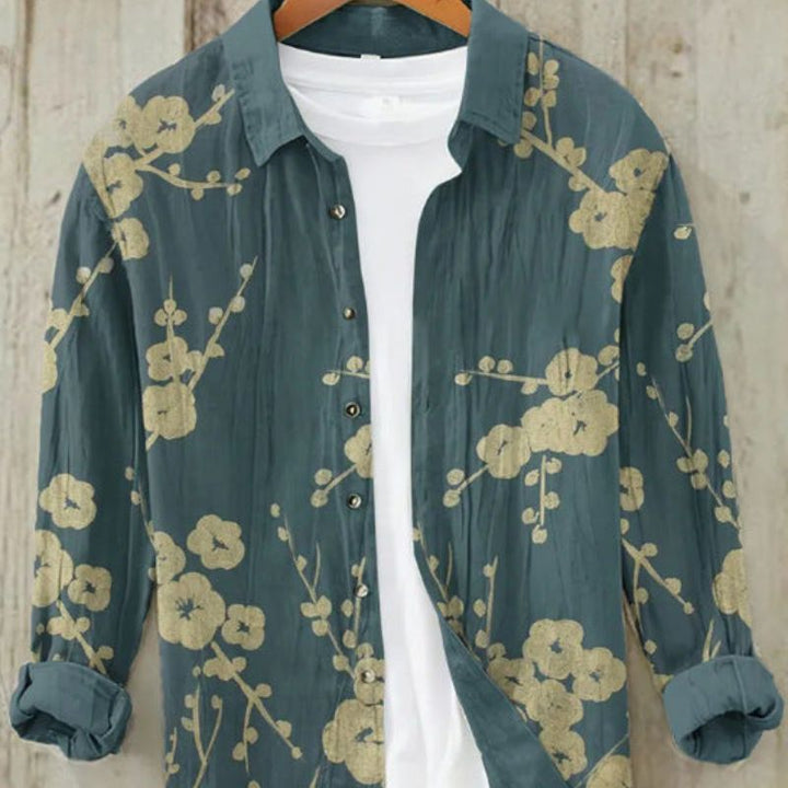 Short sleeve men's shirt with a unique cultural Japanese art print, summer casual style.