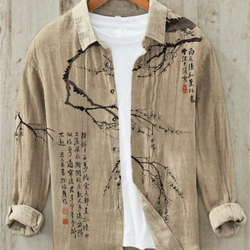 Elegant men's summer shirt, vintage Japanese art print, comfortable relaxed fit.