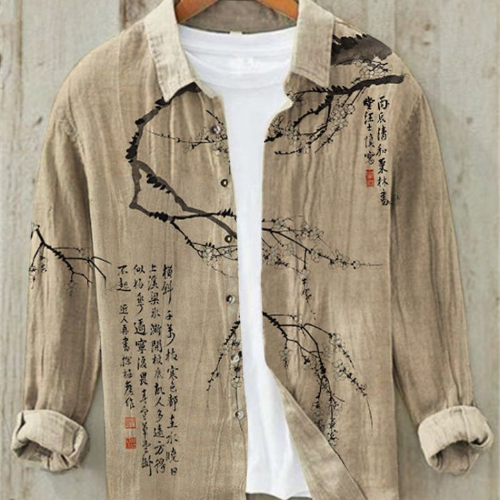 Elegant men's summer shirt, vintage Japanese art print, comfortable relaxed fit.