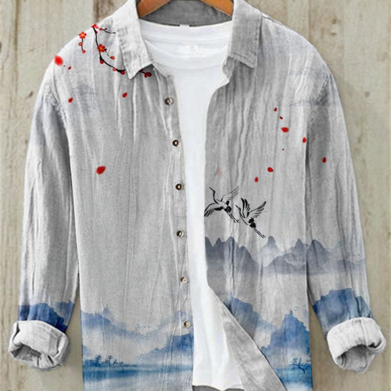 Men's casual summer shirt, unique Japanese art print, short sleeve, cultural fashion.