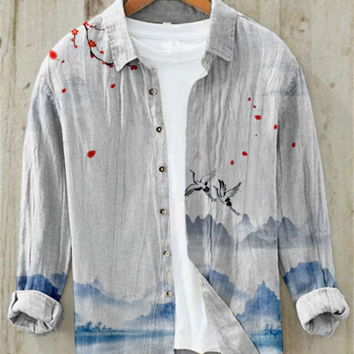 Men's casual summer shirt, unique Japanese art print, short sleeve, cultural fashion.