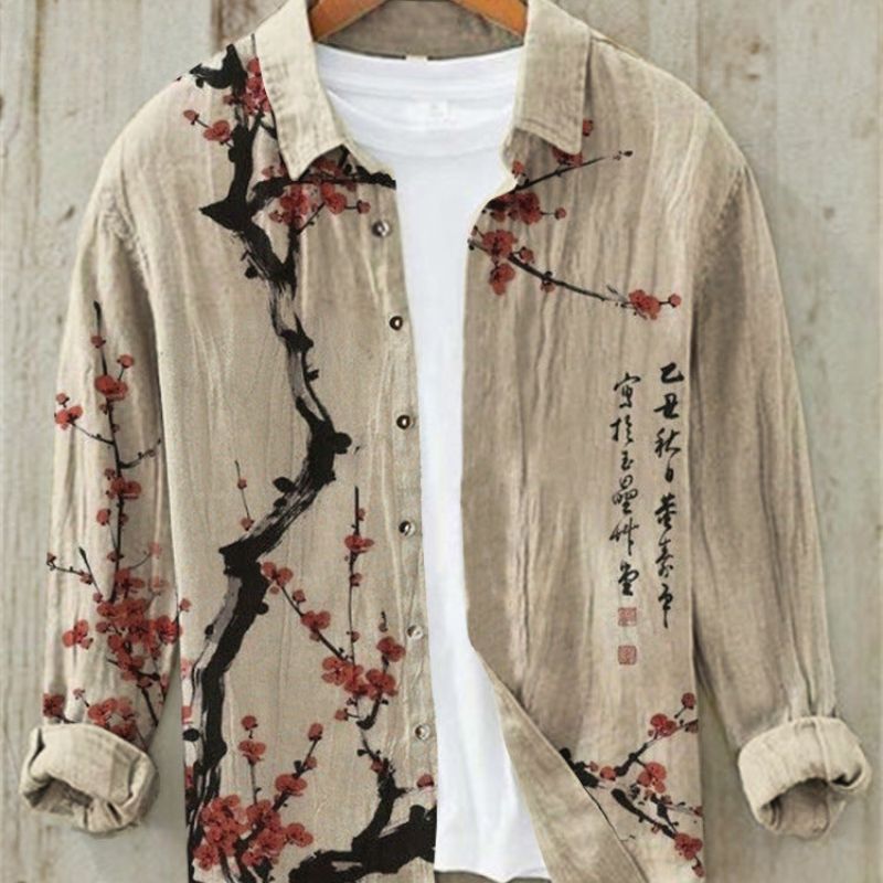Vintage style men's shirt with striking Japanese art print, relaxed fit for summer.