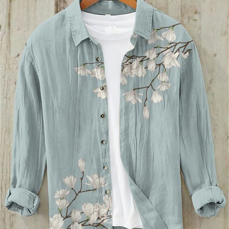 Men's printed shirt showcasing vintage Japanese art, perfect for casual summer wear.