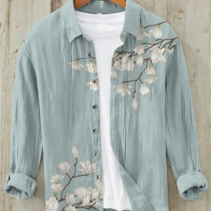 Men's printed shirt showcasing vintage Japanese art, perfect for casual summer wear.