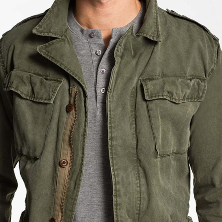 Stylish men's military-style field jacket. Durable multi-pocket vintage outerwear for travel.