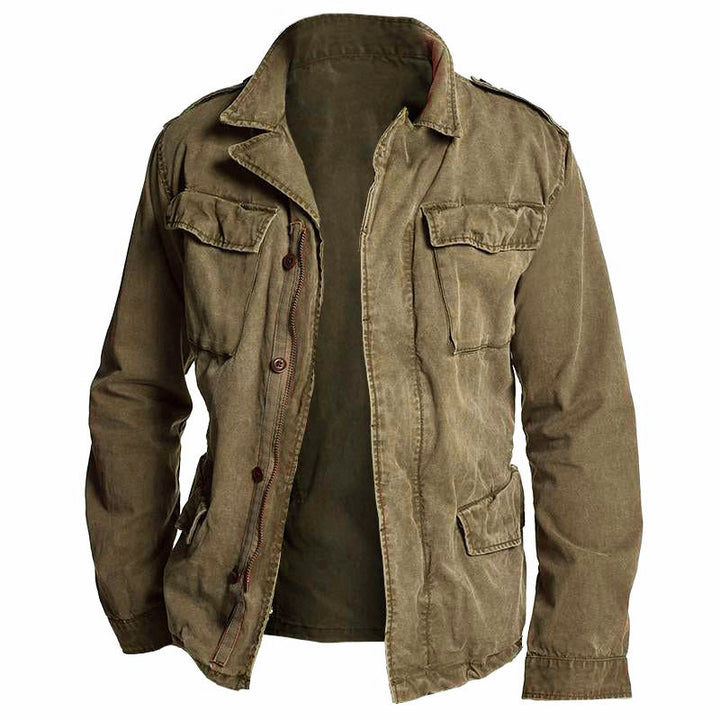 Rugged men's multi-pocket field jacket, vintage look. Great for outdoor utility and everyday wear.