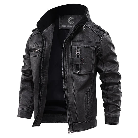 Men's vintage rugged biker jacket with zip-up front, dark leather texture, perfect for a classic casual look.